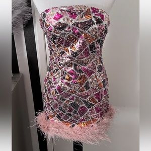 Multi Pink Sequin Geometric Print Mini Dress with Feather Trim